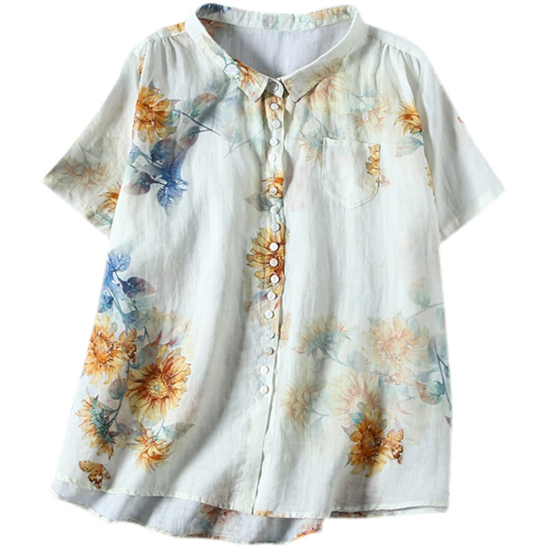Women Summer Linen Floral Printed Loose Blouse May 2022 New Arrival 