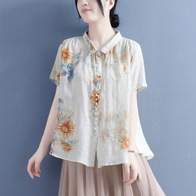 Women Summer Linen Floral Printed Loose Blouse