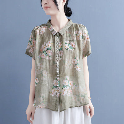 Women Summer Linen Floral Printed Loose Blouse