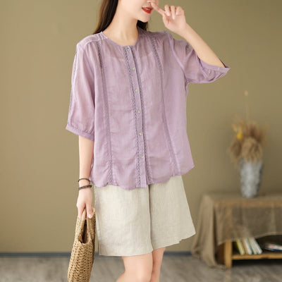 Women Summer Linen Patchwork Casual Blouse Jun 2023 New Arrival One Size Purple 