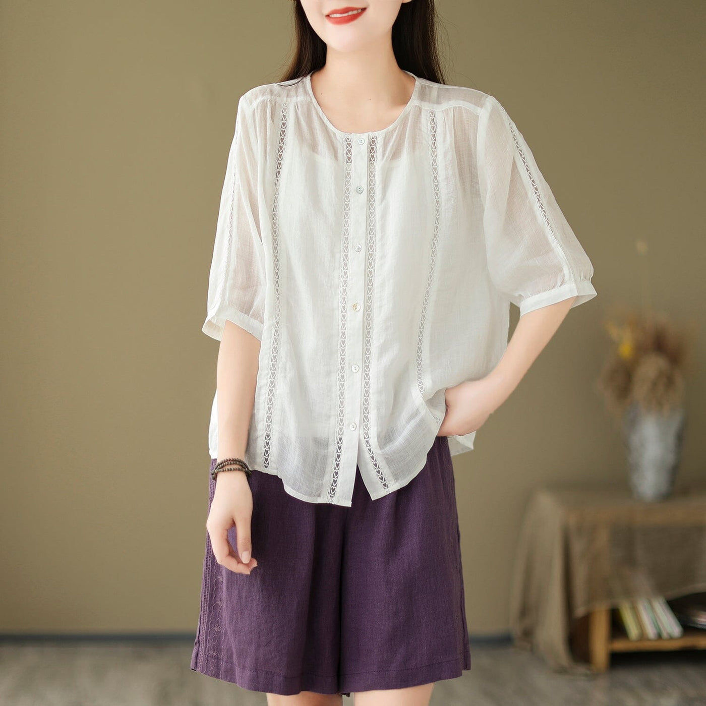Women Summer Linen Patchwork Casual Blouse Jun 2023 New Arrival One Size White 