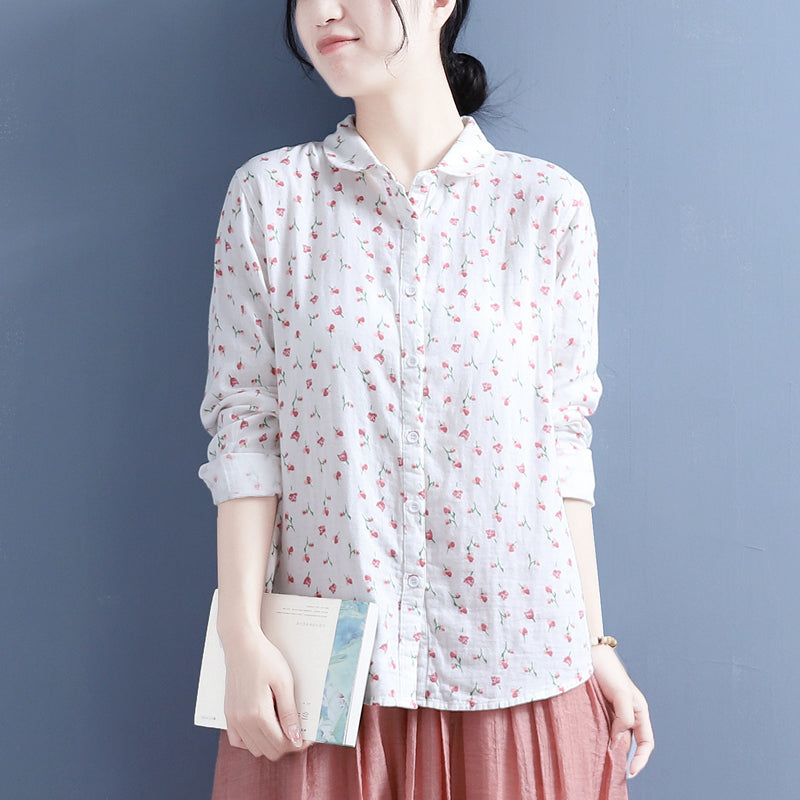 Women Summer Long Sleeve Floral Thin Cotton Blouse Jul 2022 New Arrival One Size Red Flower 