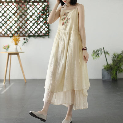 Women Summer Loose Casual Embroidery Sleeveless Dress Apr 2023 New Arrival Beige One Size 