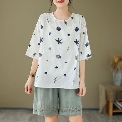 Women Summer Loose Casual Embroidery T-Shirt