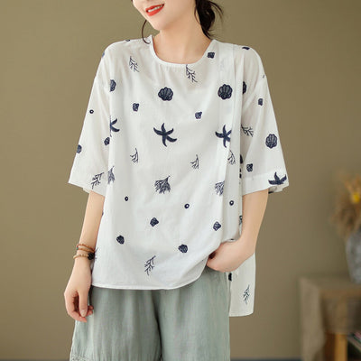 Women Summer Loose Casual Embroidery T-Shirt