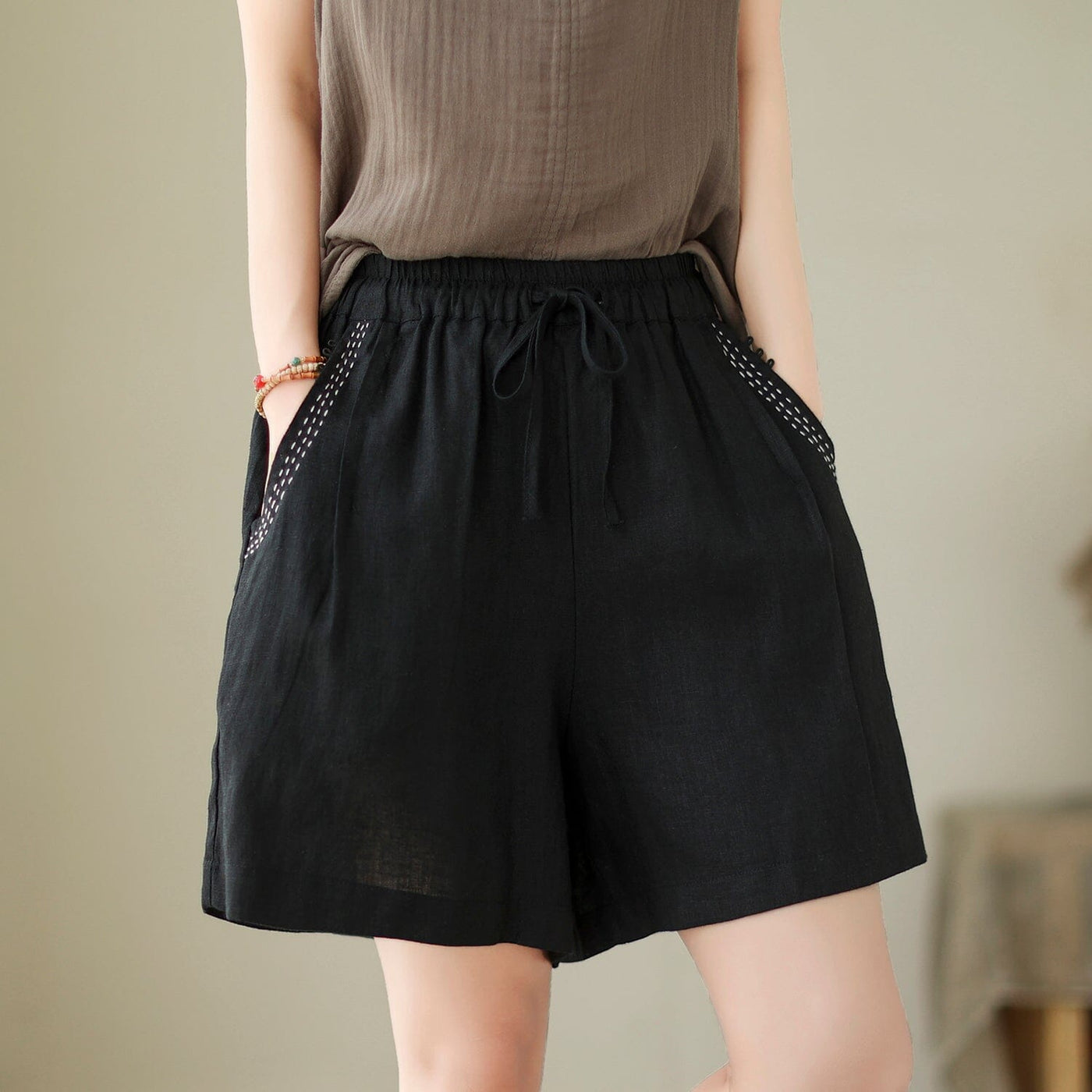 Women Summer Loose Casual Linen Shorts Jun 2023 New Arrival One Size Black 