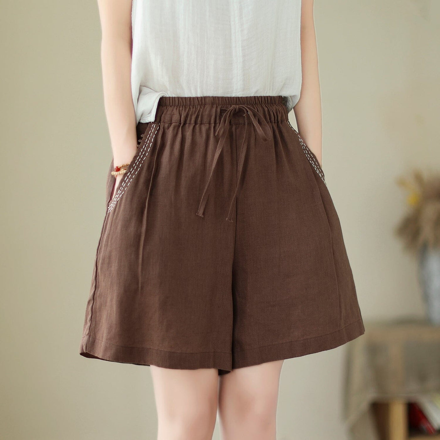 Women Summer Loose Casual Linen Shorts Jun 2023 New Arrival One Size COffee 
