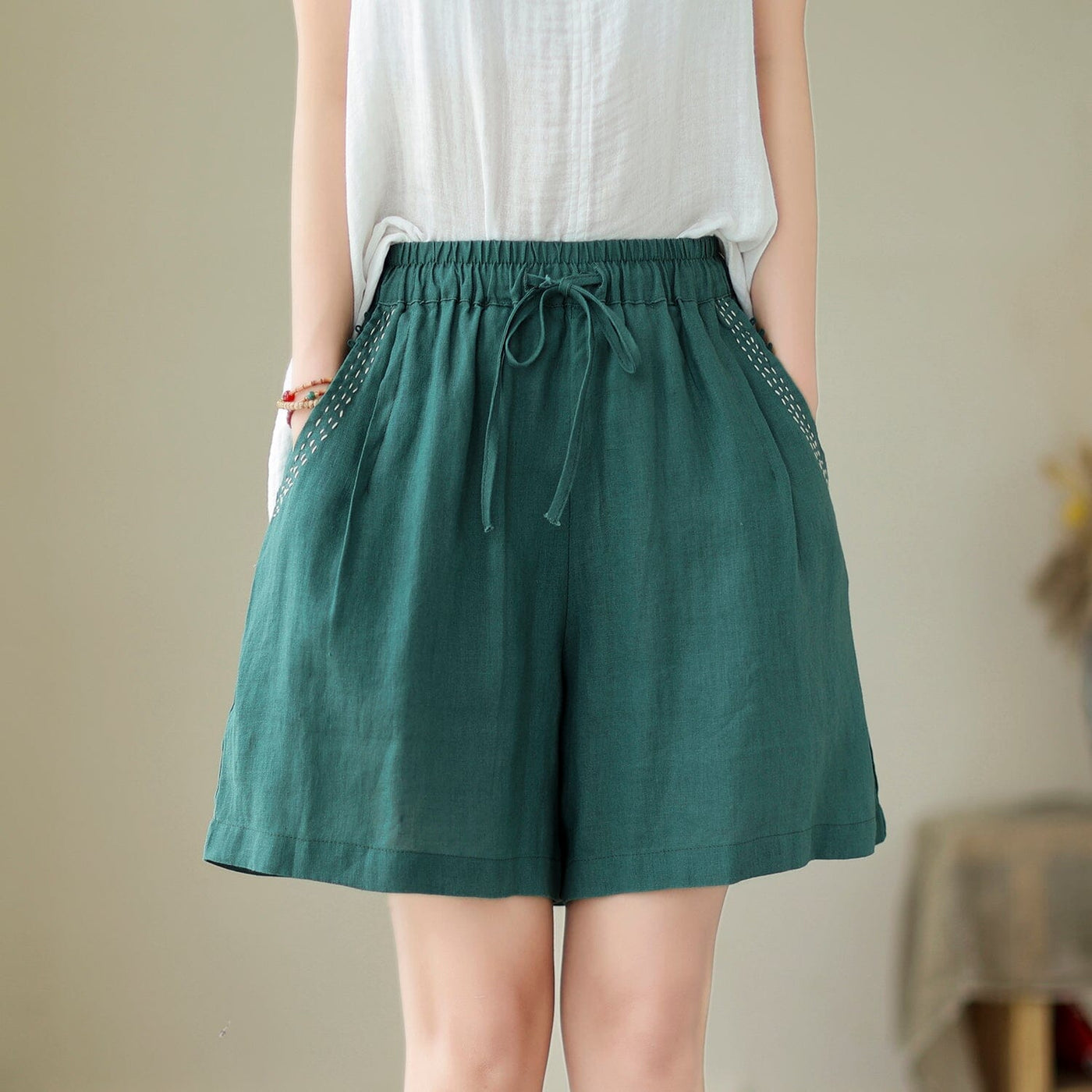 Women Summer Loose Casual Linen Shorts Jun 2023 New Arrival One Size Green 