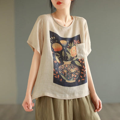 Women Summer Loose Casual Linen T-Shirt Jul 2023 New Arrival Apricot One Size 