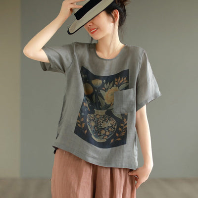 Women Summer Loose Casual Linen T-Shirt Jul 2023 New Arrival Gray One Size 