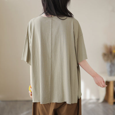 Women Summer Loose Cotton Solid Embroidery T-Shirt Mar 2023 New Arrival 