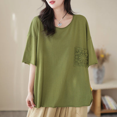 Women Summer Loose Cotton Solid Embroidery T-Shirt