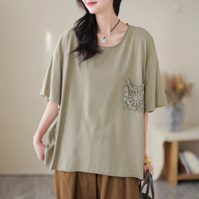Women Summer Loose Cotton Solid Embroidery T-Shirt Mar 2023 New Arrival One Size Light Green 
