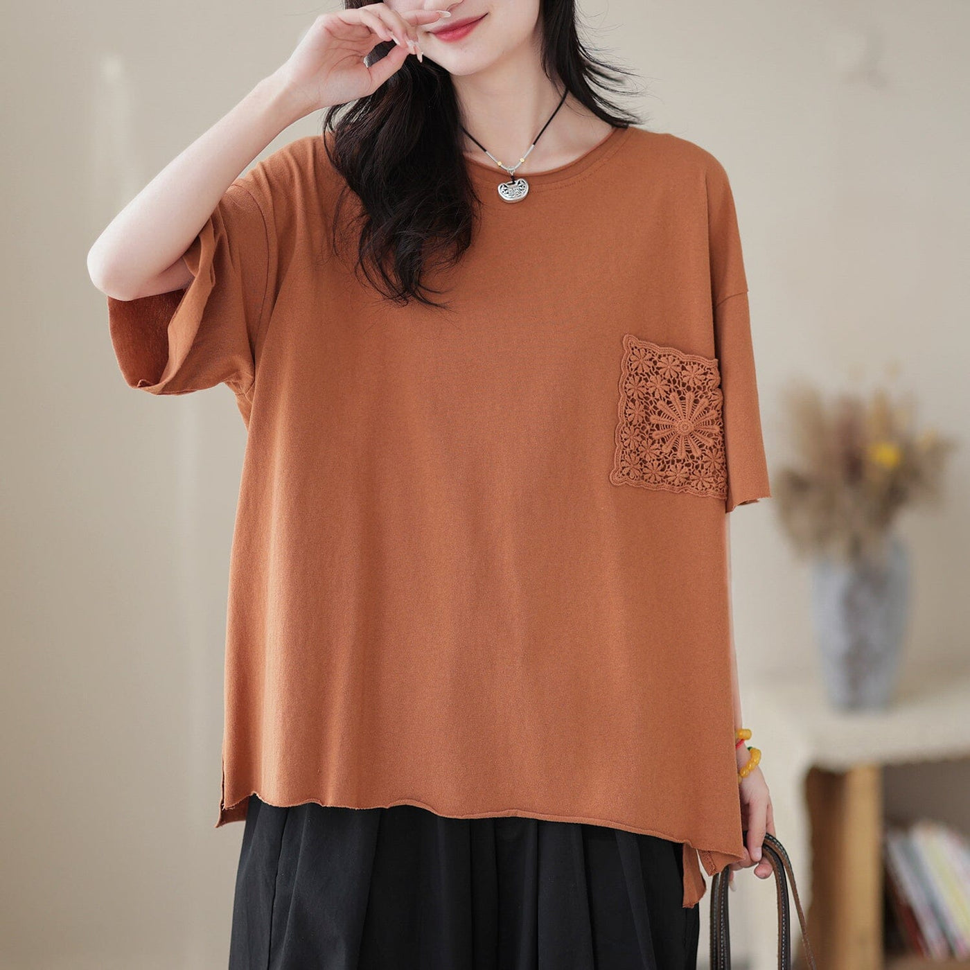 Women Summer Loose Cotton Solid Embroidery T-Shirt Mar 2023 New Arrival One Size Orange 