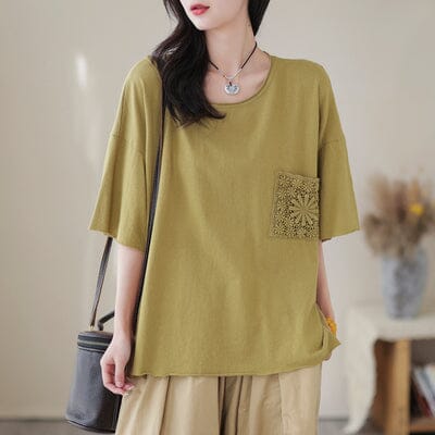 Women Summer Loose Cotton Solid Embroidery T-Shirt Mar 2023 New Arrival One Size Yellow 