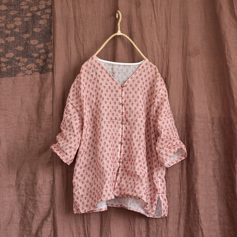 Women Summer Loose Floral Printed Linen Blouse Jul 2022 New Arrival Pink One Size 