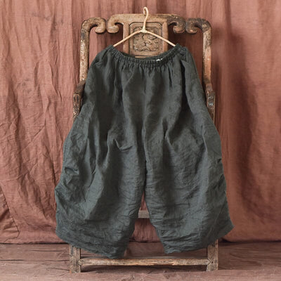 Women Summer Loose Minimalist Linen Pants Jun 2023 New Arrival Green One Size 
