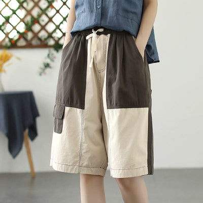 Women Summer Loose Patchwork Cotton Shorts Aug 2023 New Arrival Beige One Size 