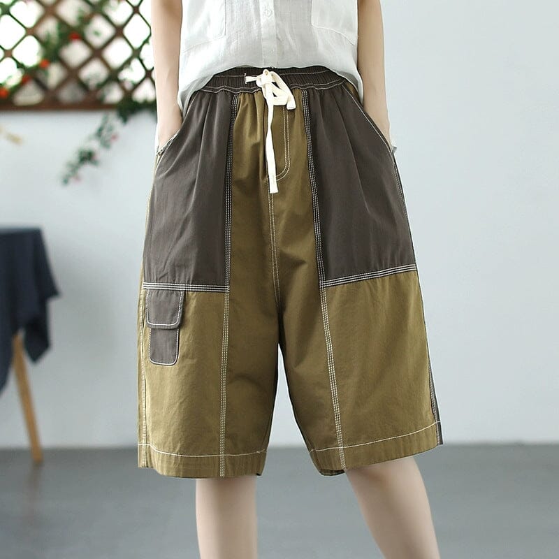 Women Summer Loose Patchwork Cotton Shorts Aug 2023 New Arrival Dark Green One Size 