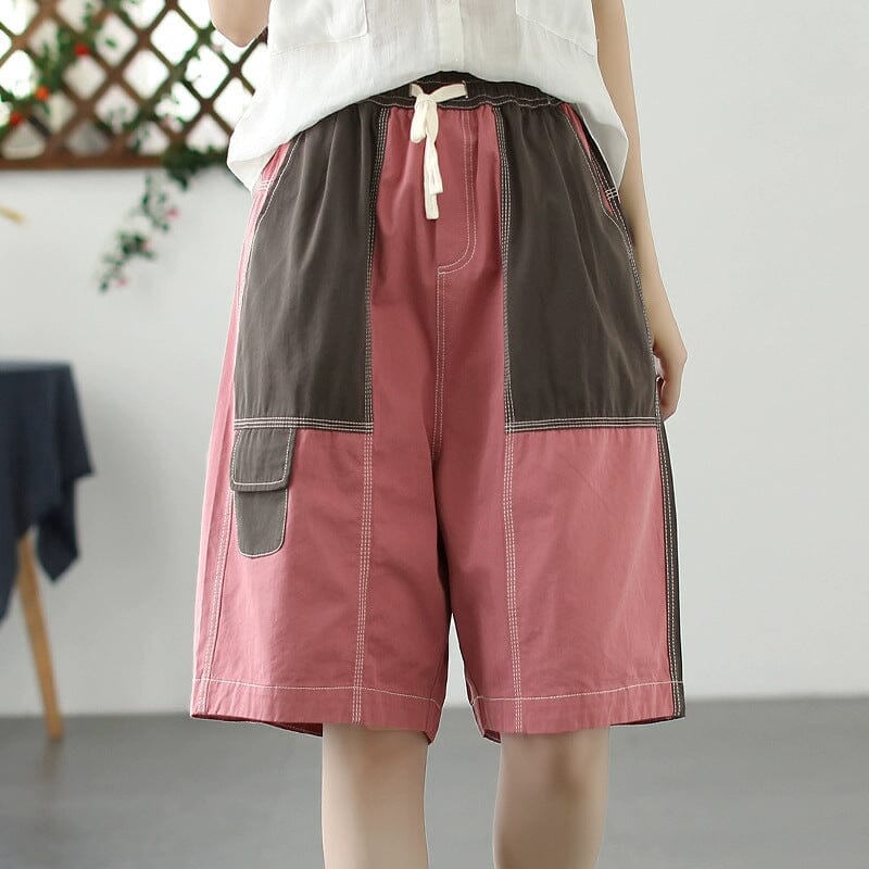 Women Summer Loose Patchwork Cotton Shorts Aug 2023 New Arrival Pink One Size 