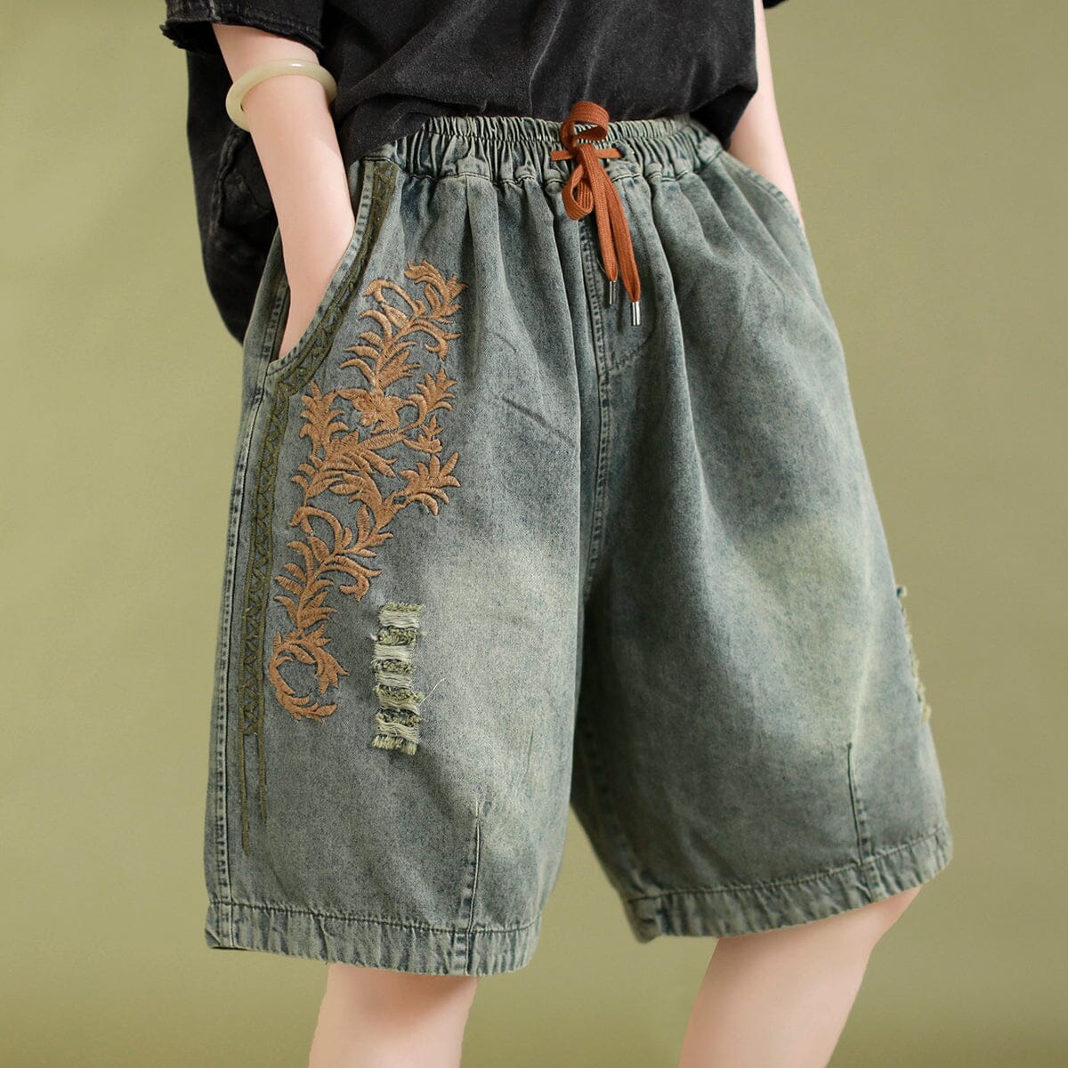 Women Summer Loose Retro Embroidery Denim Shorts
