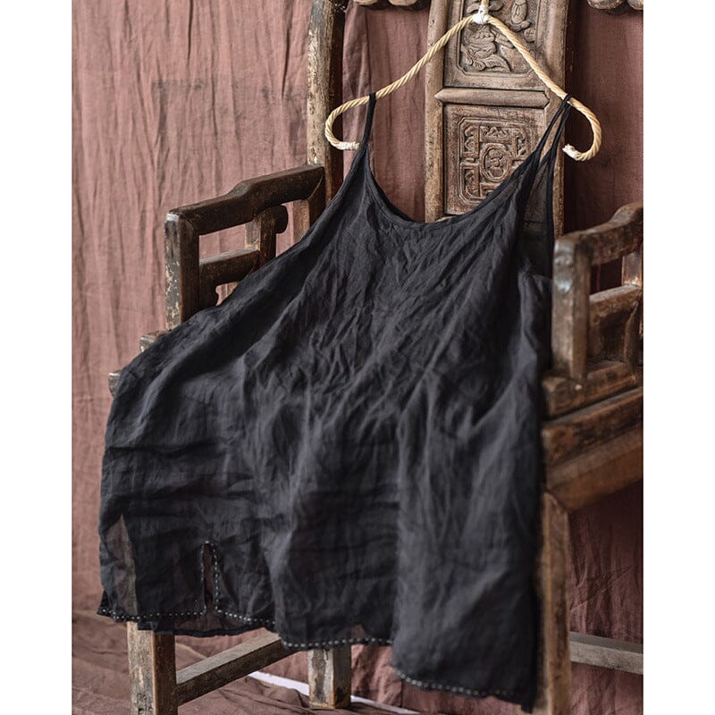 Women Summer Loose Retro Linen Vest Mar 2023 New Arrival Black One Size 