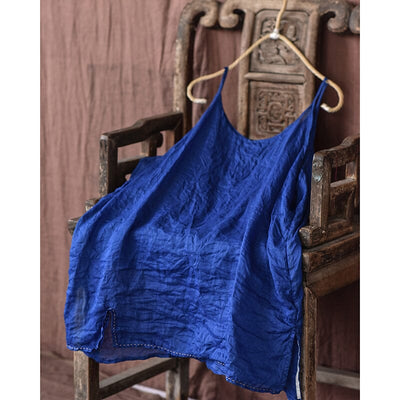 Women Summer Loose Retro Linen Vest Mar 2023 New Arrival Blue One Size 