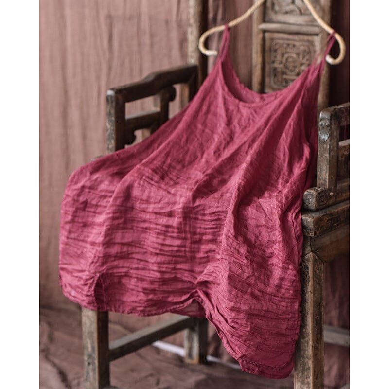 Women Summer Loose Retro Linen Vest Mar 2023 New Arrival Rose Red One Size 