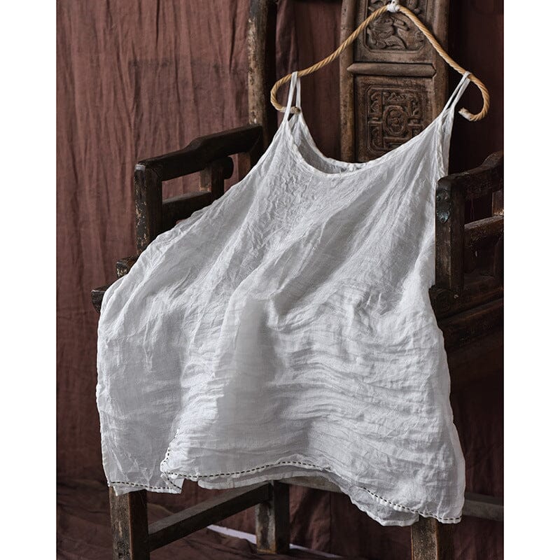 Women Summer Loose Retro Linen Vest Mar 2023 New Arrival White One Size 