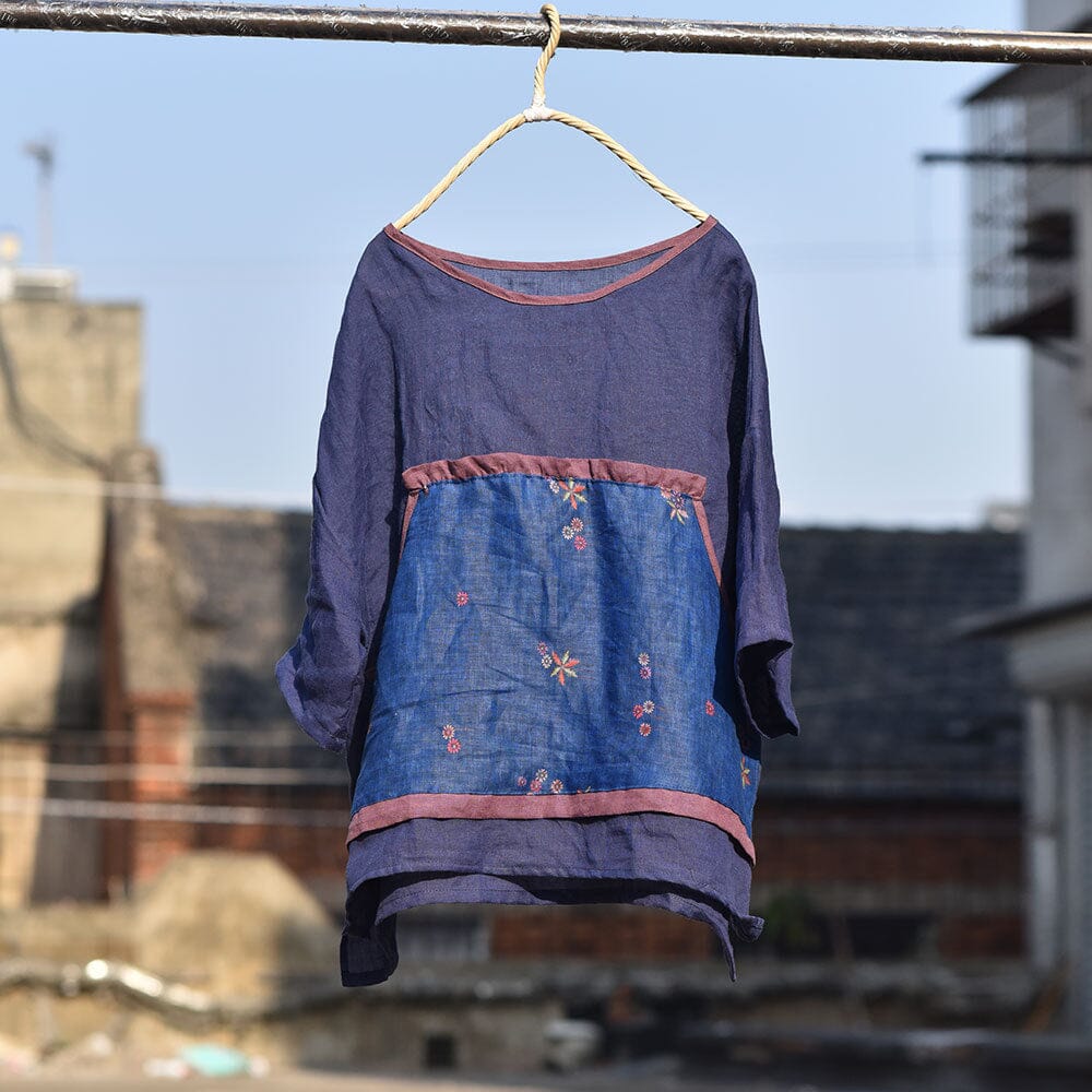 Women Summer Loose Retro Patchwork Linen T-Shirt Sep 2023 New Arrival Navt/Blue One Size 
