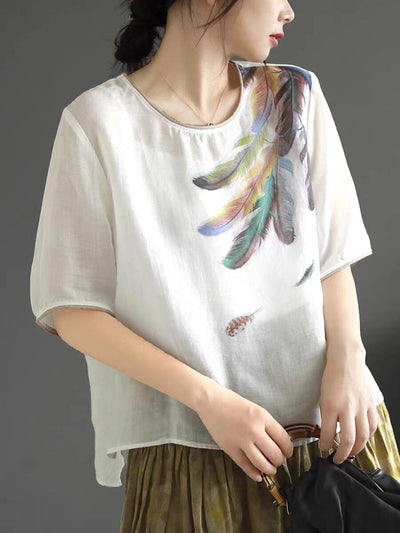 Women Summer Loose Retro Print Linen T-Shirt