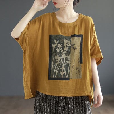 Women Summer Loose Retro Print T-Shirt Plus Size