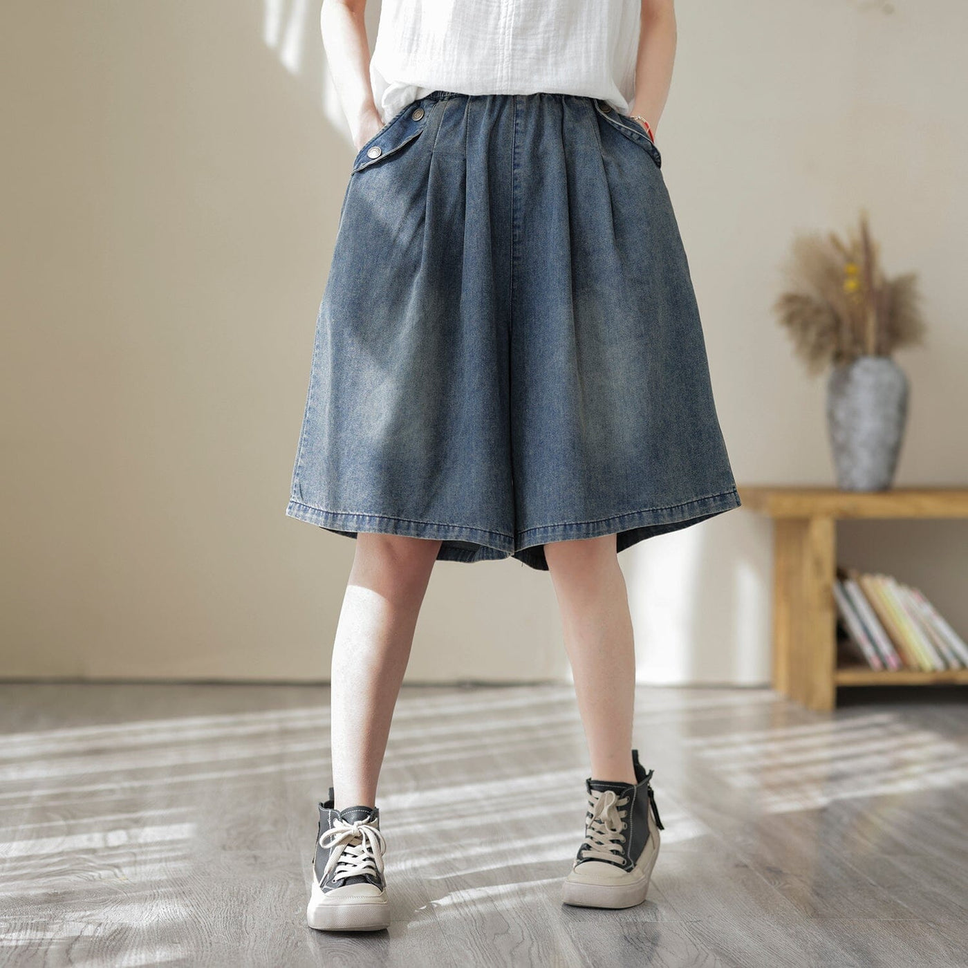 Women Summer Loose Solid Cotton Denim Shorts