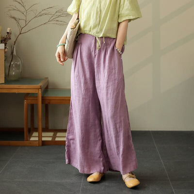 Women Summer Minimalist Linen Wide Leg Pants Jul 2023 New Arrival One Size Purple 