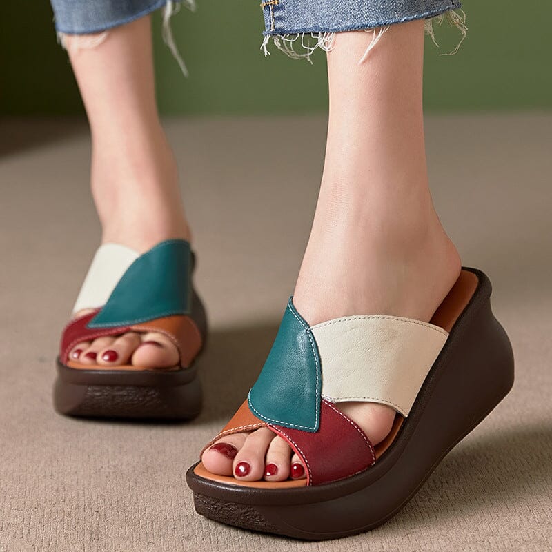 Women Summer Oatchwork Leather Slide Sandals