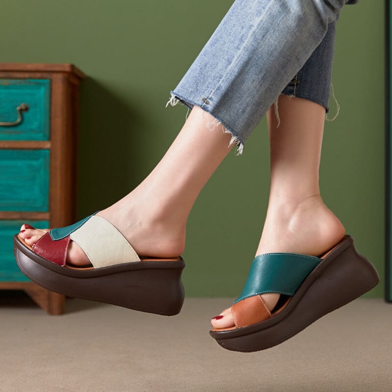 Women Summer Oatchwork Leather Slide Sandals Apr 2023 New Arrival 