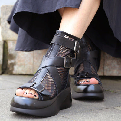 Women Summer Peep Toe Leather Mesh Casual Adjustable Buckle Boots