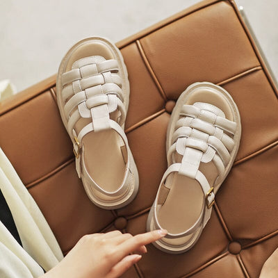 Women Summer Plaited Leather Handcraft Sandals Jul 2023 New Arrival Beige 35 