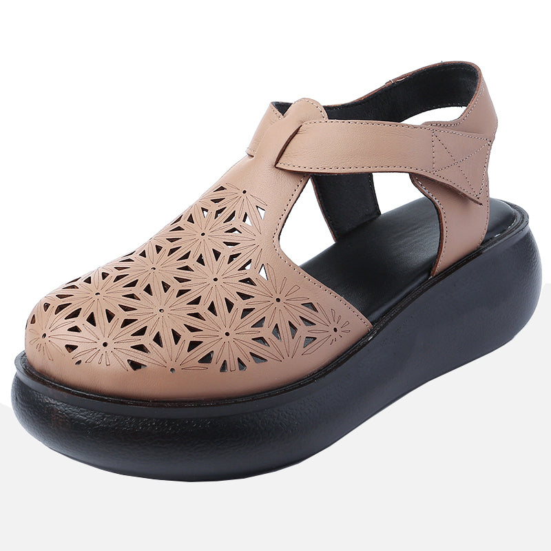 Women Summer Retro Casual Hollow Leather Wedge Sandals