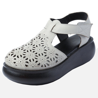 Women Summer Retro Casual Hollow Leather Wedge Sandals
