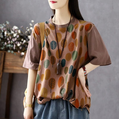 Women Summer Retro Casual Print Loose T-shirt May 2023 New Arrival Coffee One Size 