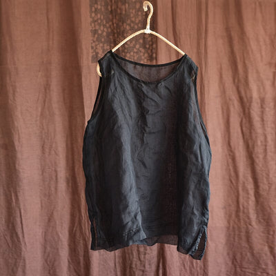 Women Summer Retro Cotton Linen Solid Vest