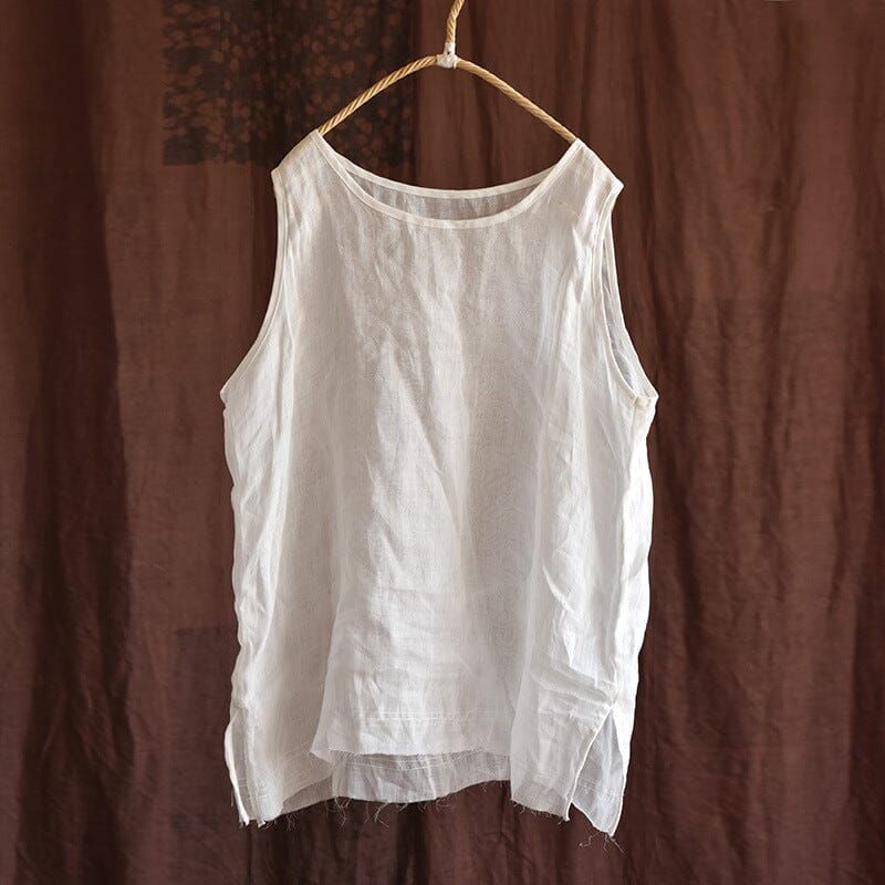 Women Summer Retro Cotton Linen Solid Vest