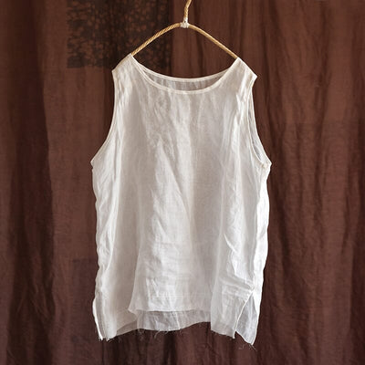 Women Summer Retro Cotton Linen Solid Vest Apr 2023 New Arrival White One Size 