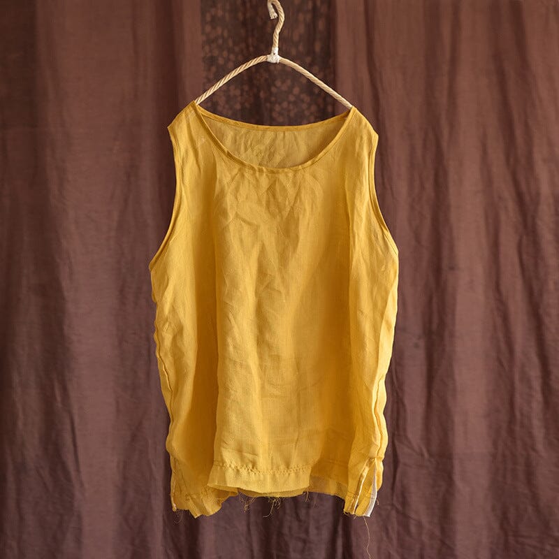 Women Summer Retro Cotton Linen Solid Vest Apr 2023 New Arrival Yellow One Size 