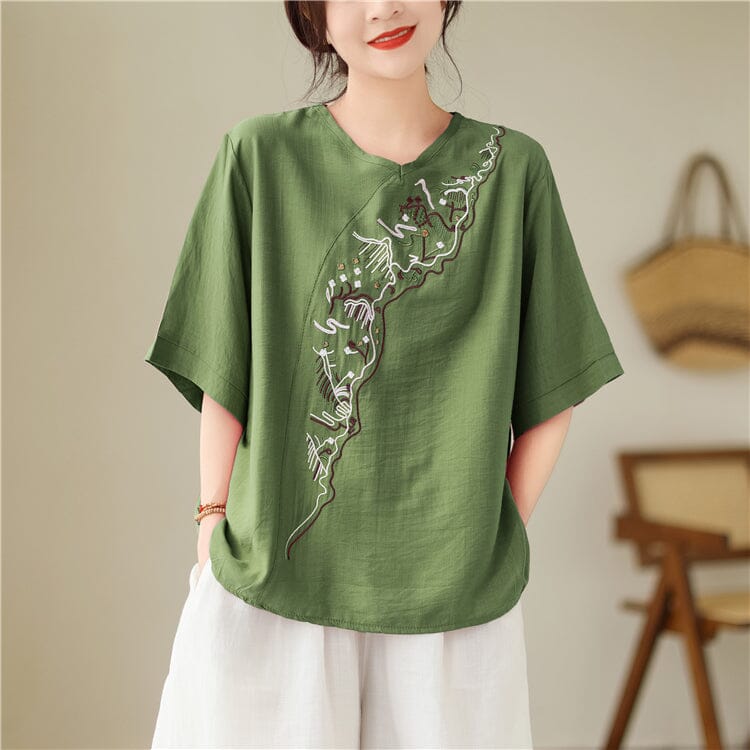 Women Summer Retro Embroideru Loose T-Shirt
