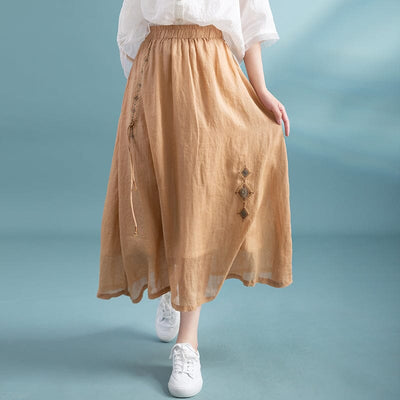 Women Summer Retro Embroidery Linen A-Line Skirts