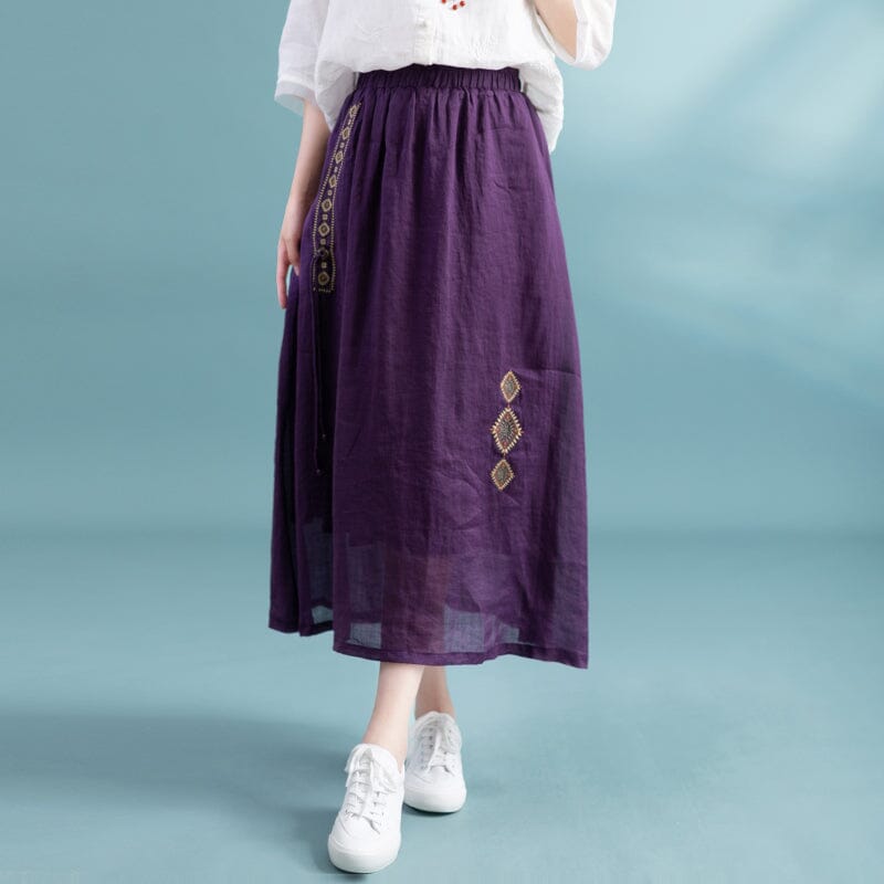 Women Summer Retro Embroidery Linen A-Line Skirts May 2023 New Arrival One Size Purple 