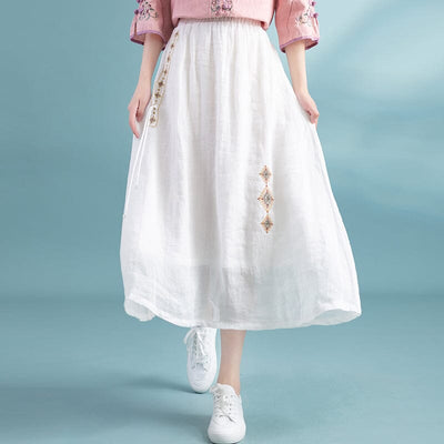 Women Summer Retro Embroidery Linen A-Line Skirts May 2023 New Arrival One Size White 