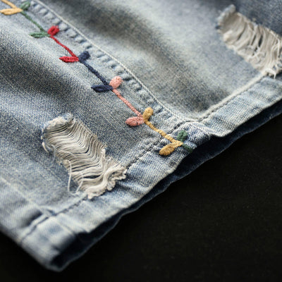 Women Summer Retro Embroidery Loose Cotton Denim Shorts Jul 2022 New Arrival 